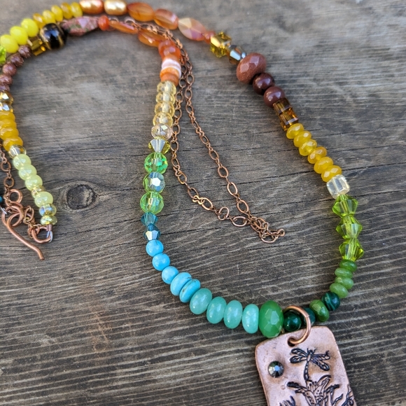 Hand Stamped Gemstone Gradient Dragonfly Necklace - Picture 7 of 10